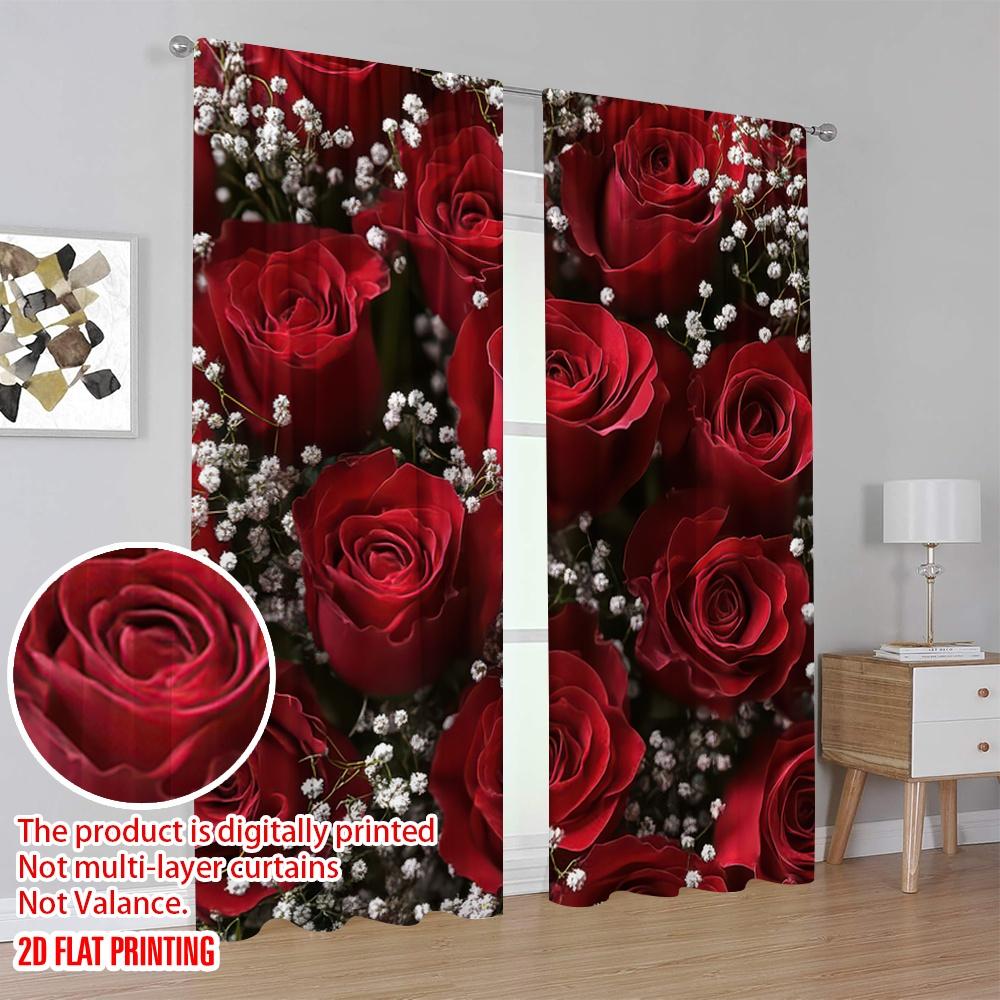 2 Stück Vorhänge Rote Rose1 Vielseitiges Polyester, Ohne Strom Familienfeier Perfekt für Schlafzimmer Büro Wohnzimmer Heimdeko