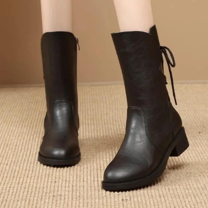 2024 New Women's Low-heeled Knight Boots Trendy Pointed Toe Casual Lace-up Design Motorcycle Boots PU Retro Street Fashion Boots