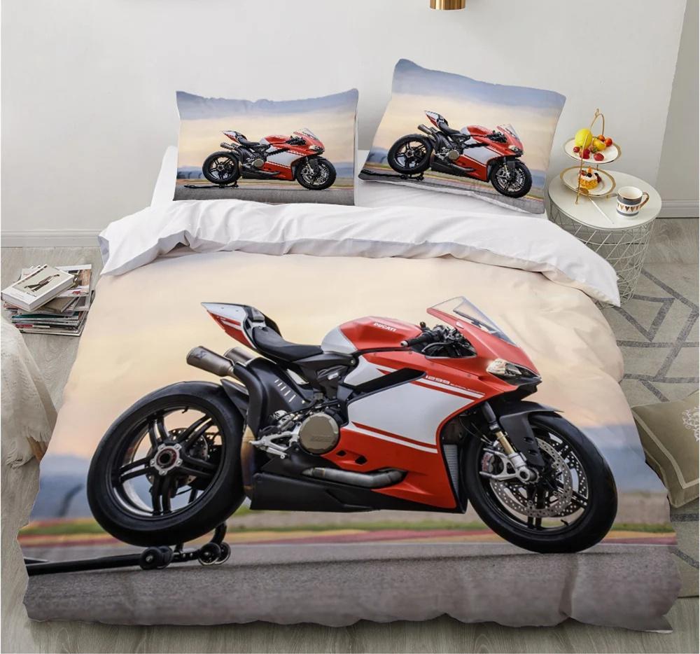 Motorrad Bettwäsche Set 3D Druck Autos Bettbezug mit Kissenbezug Motocross Tagesdecke Jungen Kinder Bettset King Size Heimtextilien