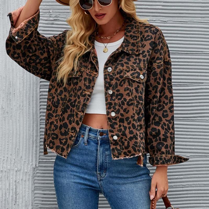 Womens Denim Cropped Jacket Leopard Print Streetwear Loose Fit Long Sleeve 2025