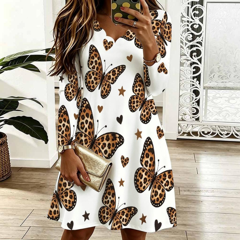 Women Plus Size Long Sleeve Scallop Neck Printed White Dress