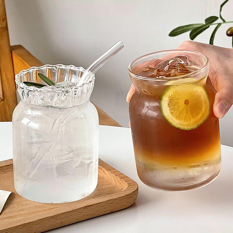 Glass Cup Cold Coffee Cups Iced Drinkware Kitchen Drinkware Supplies Breakfast Milk Cup Cocktail Utensils Aesthetic Water Bottle
