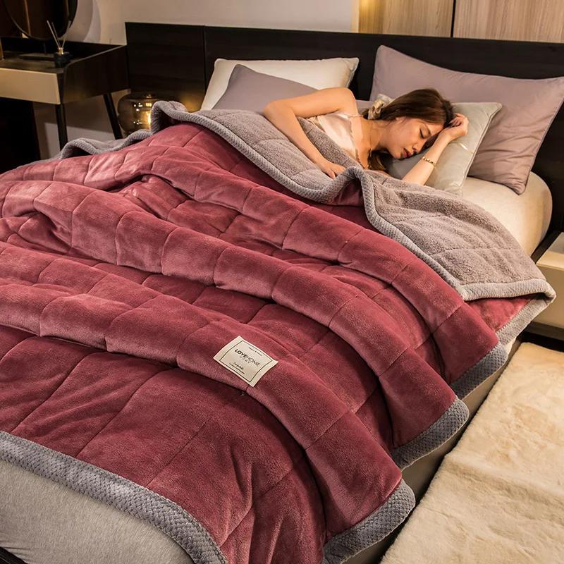 Coral Fleece Autumn Winter Warm Blankets For Bed 3 Layers Thicken Flannel Blanket Quilt Soft Comfortable Warmth Quilts Washable