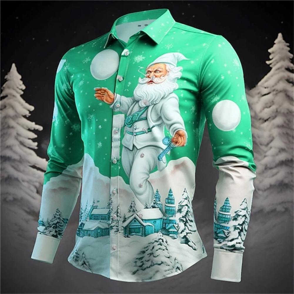 Men Button‑up Long Sleeve Shirt Festive Christmas‑snow‑village Art Motif Turn‑down Collar Year‑end Theme‑party Gathering Outfit