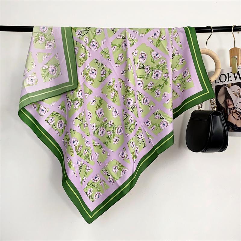 

Spain Fashion Plaid Floral Square Silk Satin Shawls Scarf Lady High Quality Wrap Beach Cover Stole Bufandas Muslim Hijab