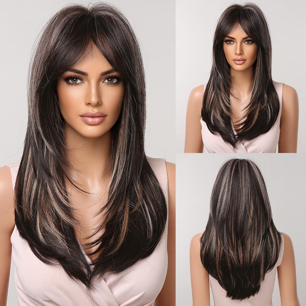 HAIRCUBE Dlouhá vlnitá hnědá až blond ombré pro ženy vrstvená syntetická paruka s ofinou přirozená vánoční večírek žáruvzdorné vlákno