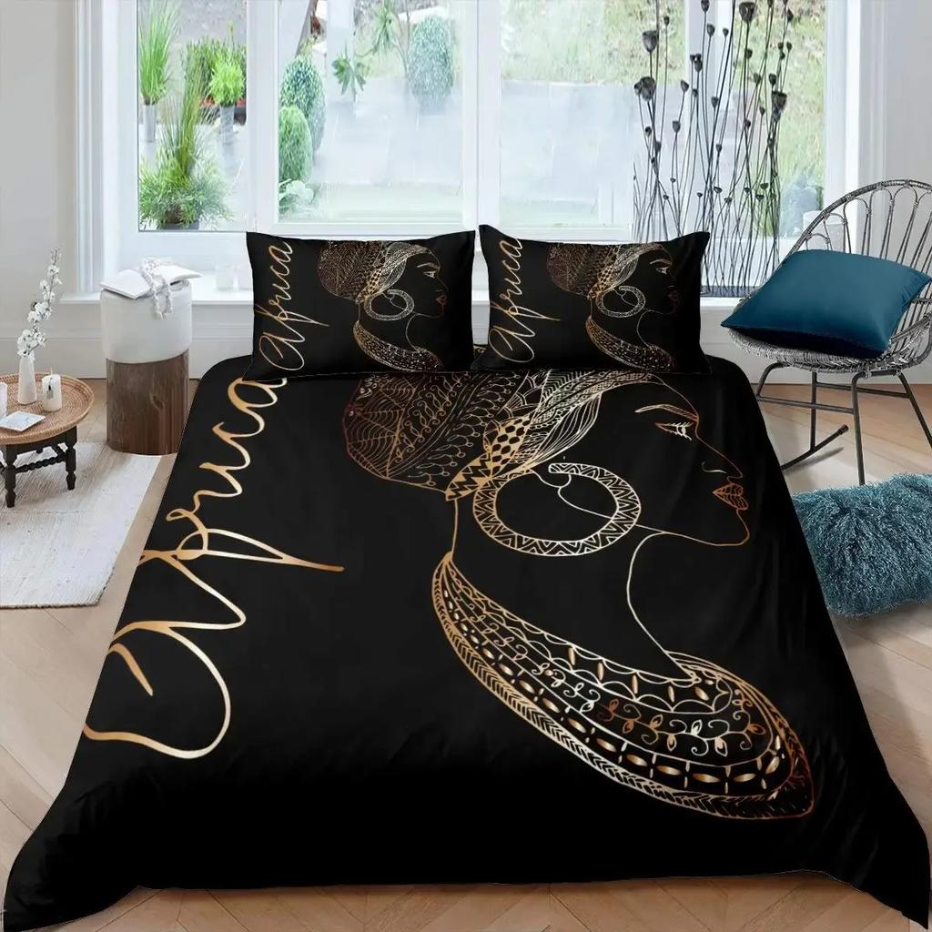 African Woman Duvet Cover Set Ethnic Afro Bedding Set African American Comforter Cover Orange Ancient Desert Bedspread