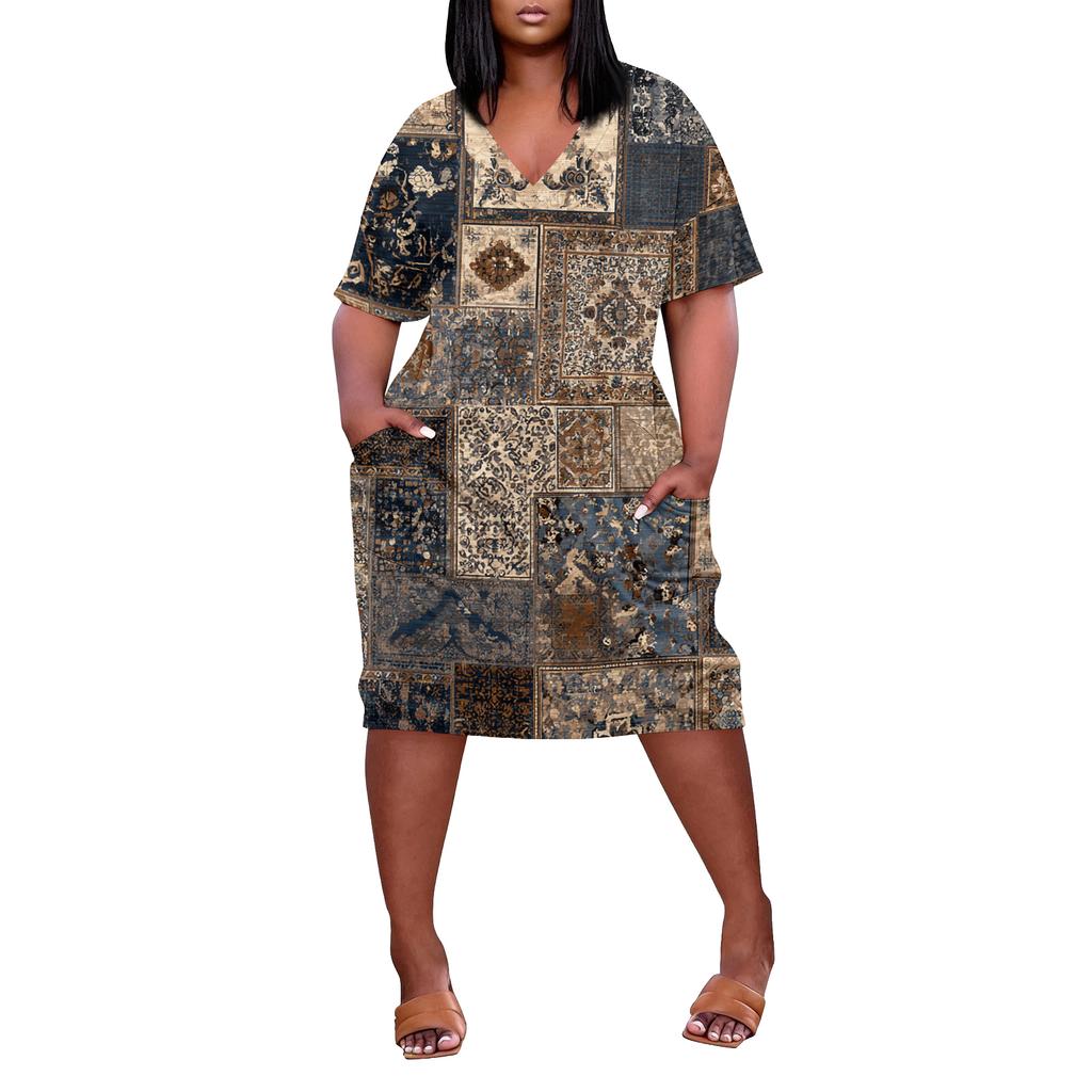 Letní nadměrné velikosti V výstřih krátký rukáv ke kolenům kapsa potisk ležérní šaty pro ženy