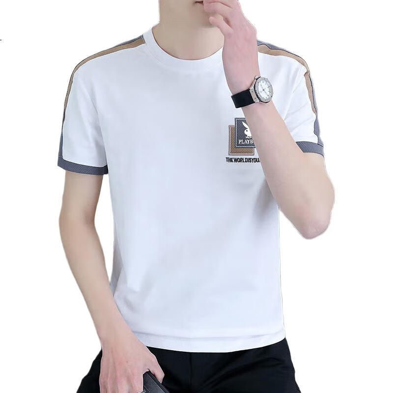 PLAYBOY Short-Sleeve T-Shirt for Men, Summer Loose Ice Silk Top, Round Neck High-End Trendy Brand Cool-Feeling Half-Sleeve, White, Size L