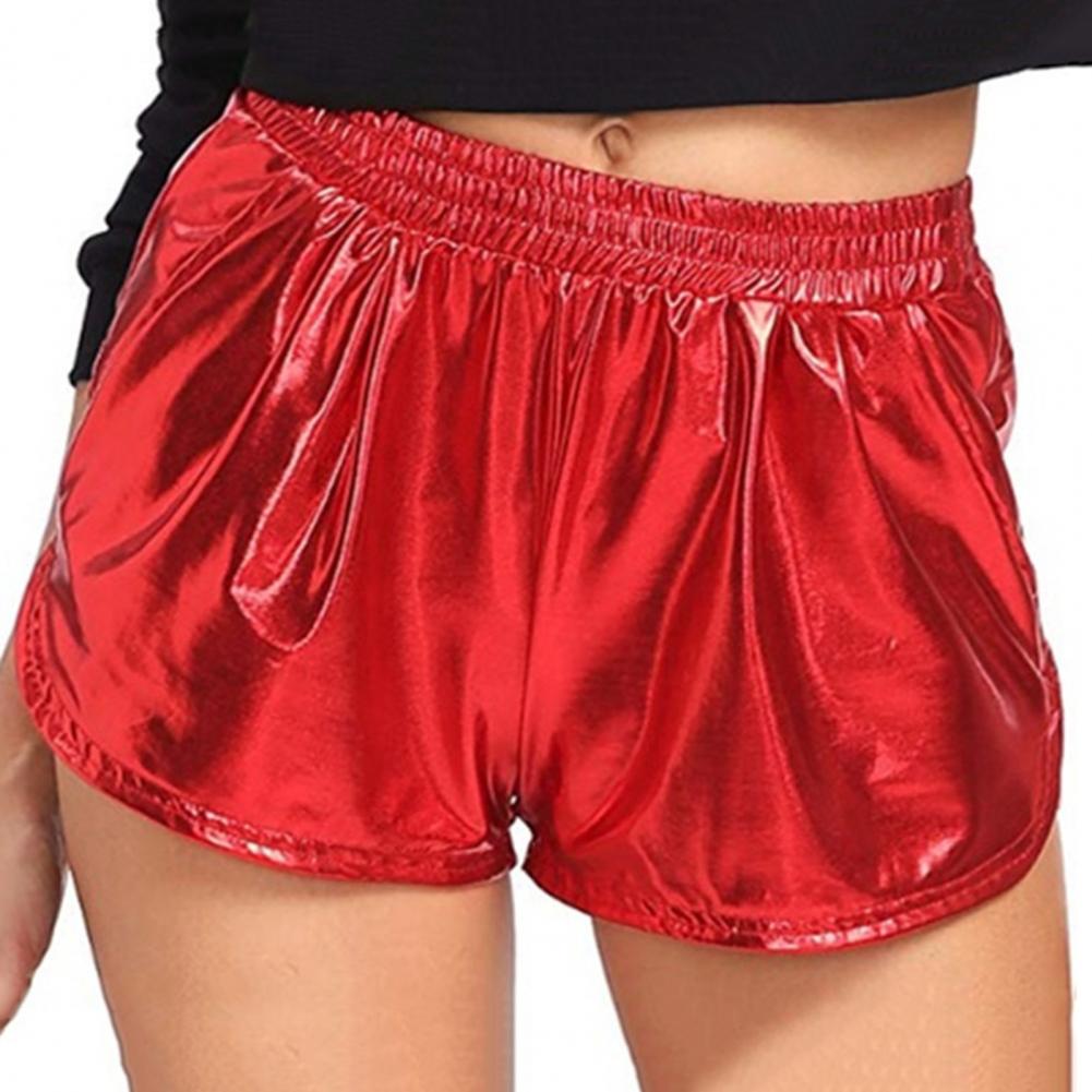 Women Casual Shorts Elastic High Waist Glossy Surface Solid Color Faux Leather Shorts with Pockets Streetwear