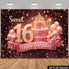 Escena 2D: El tema de la fiesta de 16 cumpleaños es "Dulces 16". Número 16 de diamante dorado, globos rosa dorado.