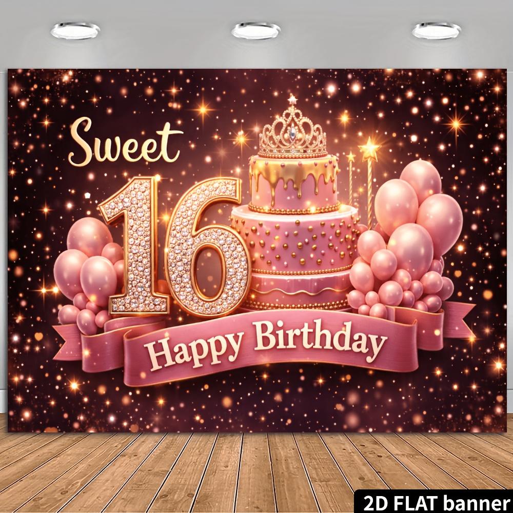 Escena 2D: El tema de la fiesta de 16 cumpleaños es "Dulces 16". Número 16 de diamante dorado, globos rosa dorado.