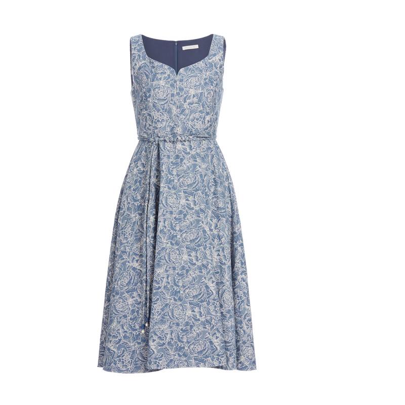 ELLASSAY Elegant Blue Jacquard Sleeveless Midi Dress