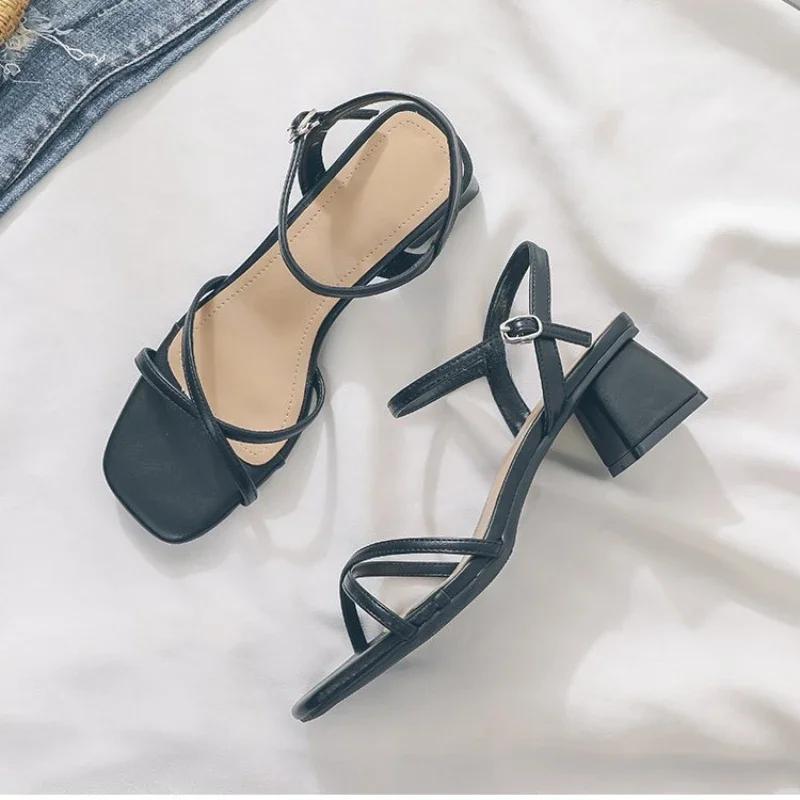 Summer Square Heel Women's Sandals Women's Shoes Black Versatile Fashion Elegant Middle Heel Shoes