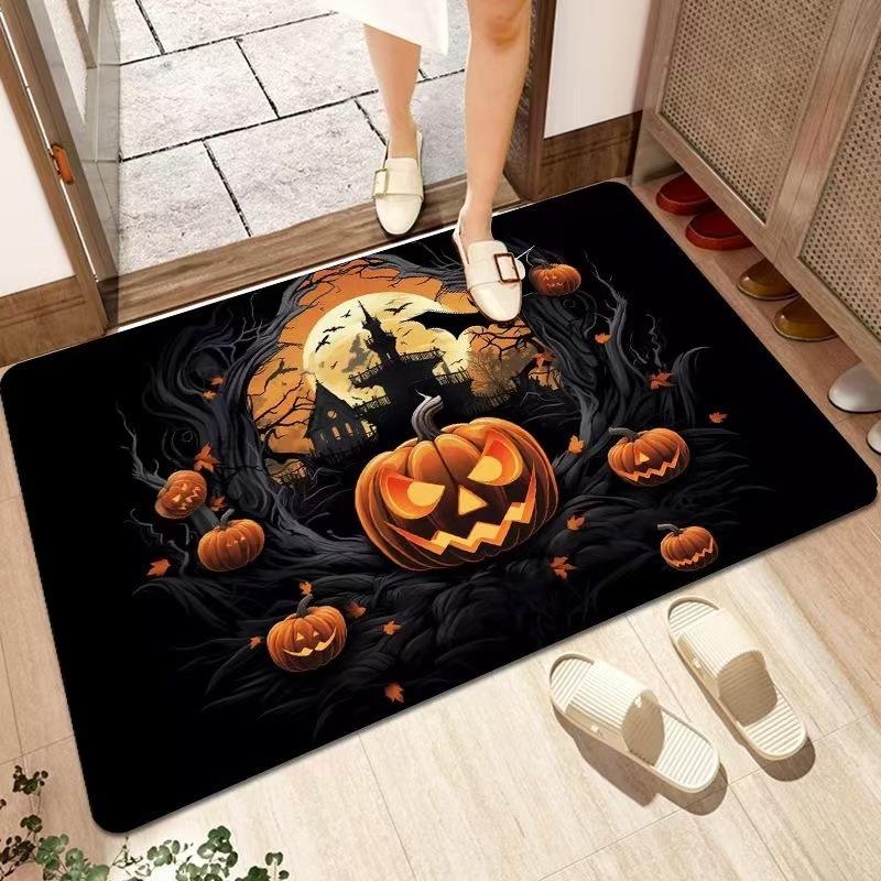 Halloween Theme Door Mat With Spooky Pumpkin Bat Haunted House Patterns Soft Decorative Entryway Rug For Home Indoor