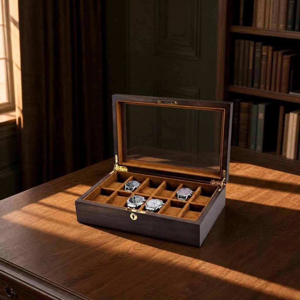 Soft Lining Watch Storage Box with Glass Lid Compartmented Display Case