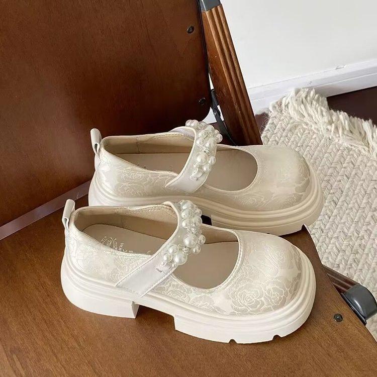Mary Jane Small Leather Shoes Women's Platform 2025 Summer New Retro Thick Heel Heightening Pearl New Chinese Skirt Shoes