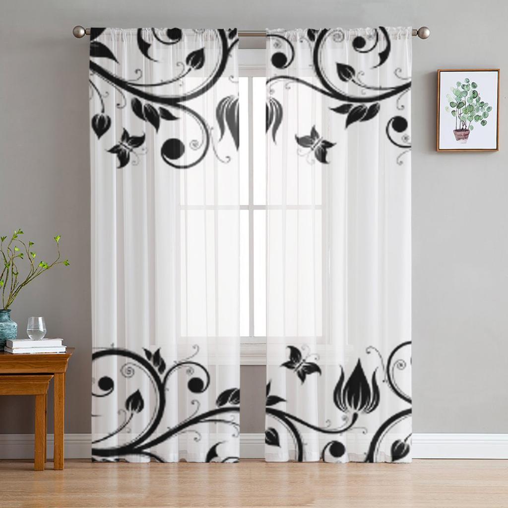 Blumen-Schwarz-Weiß-Gardinen für Wohnzimmer, transparenter Tüll, Fensterbehandlungen, Schlafzimmer, Küche, Heimdekoration, Schleier, Vorhänge