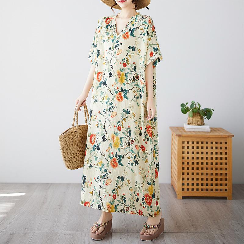 DIMANAF 2025 Summer Plus Size Dress Basic Women Casual Loose Vintage New Long Oversized Flower Dress Maxi