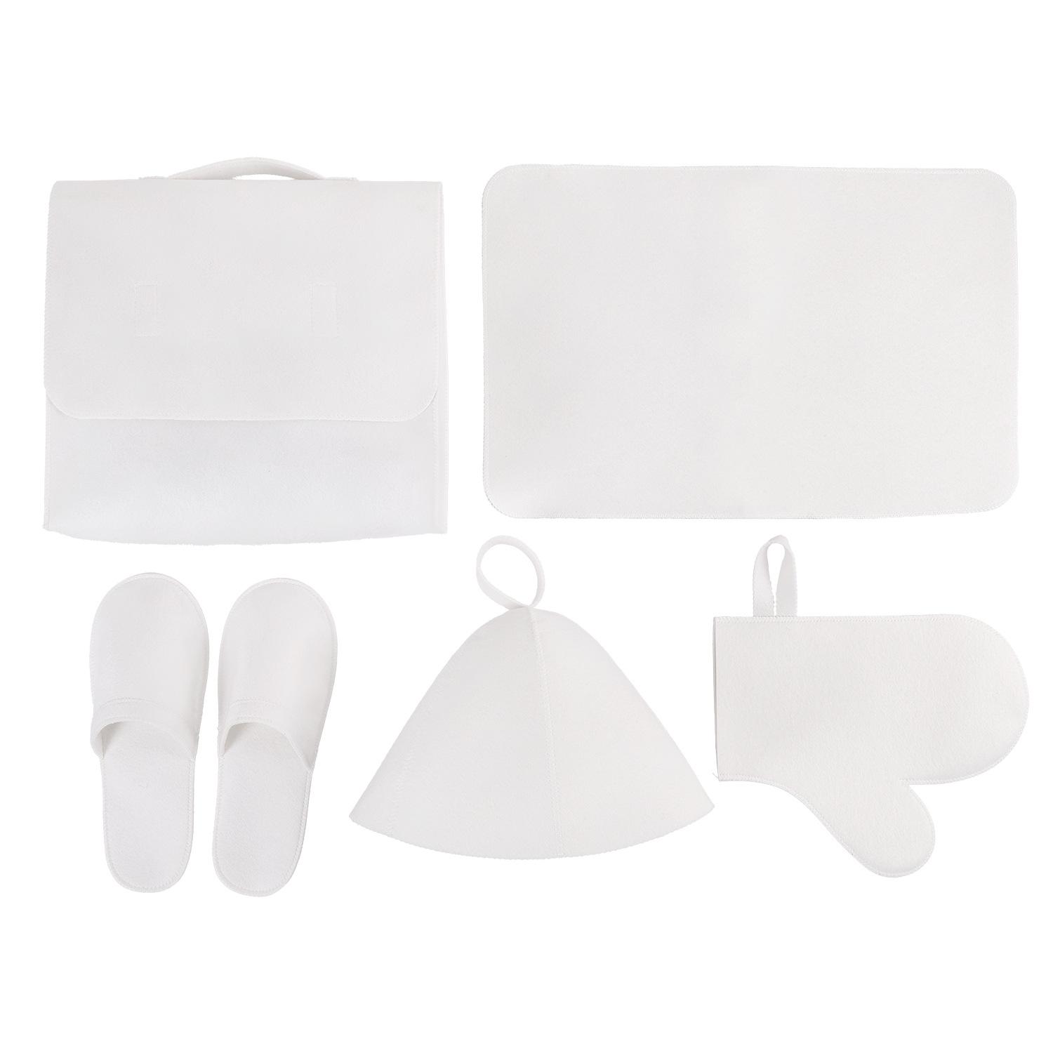 

5-Piece Sauna Accessory Set Wool Felt Gloves Slippers Seat Cushion & Hat with Storage Bag for Hair Drying & Cleaning