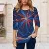 Women Plus Size Round Neck 3 4 Sleeve Printed T Shirt Navy Blue Red Silver Starburst Pattern Curved Hem