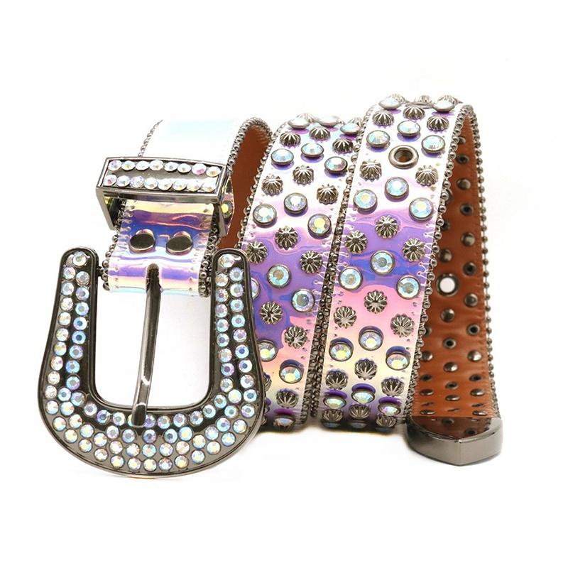 Custom Luxury Crystal Rhinestone Women Design Diamond Belts Unisex Studied Western PU Leather Belt Custom Rhinestone Belt