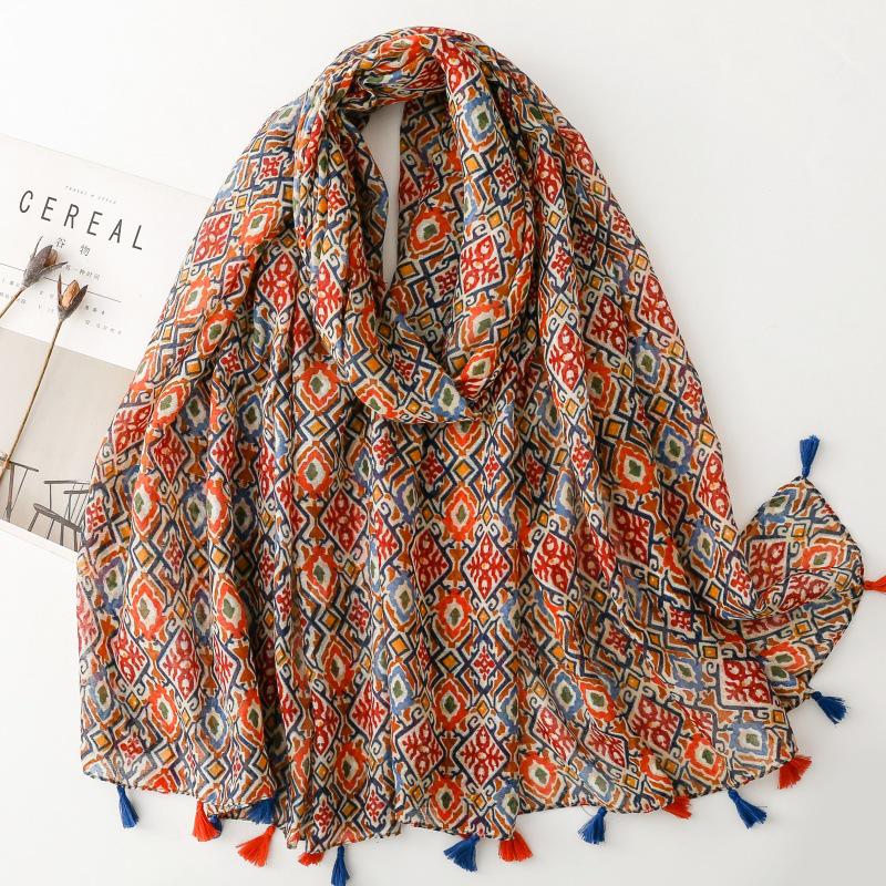 Japanese-Style Cotton & Linen Bohemian Scarf - Cashew Print and Silk Blend, Retro Artistic Design, Sunscreen Towel