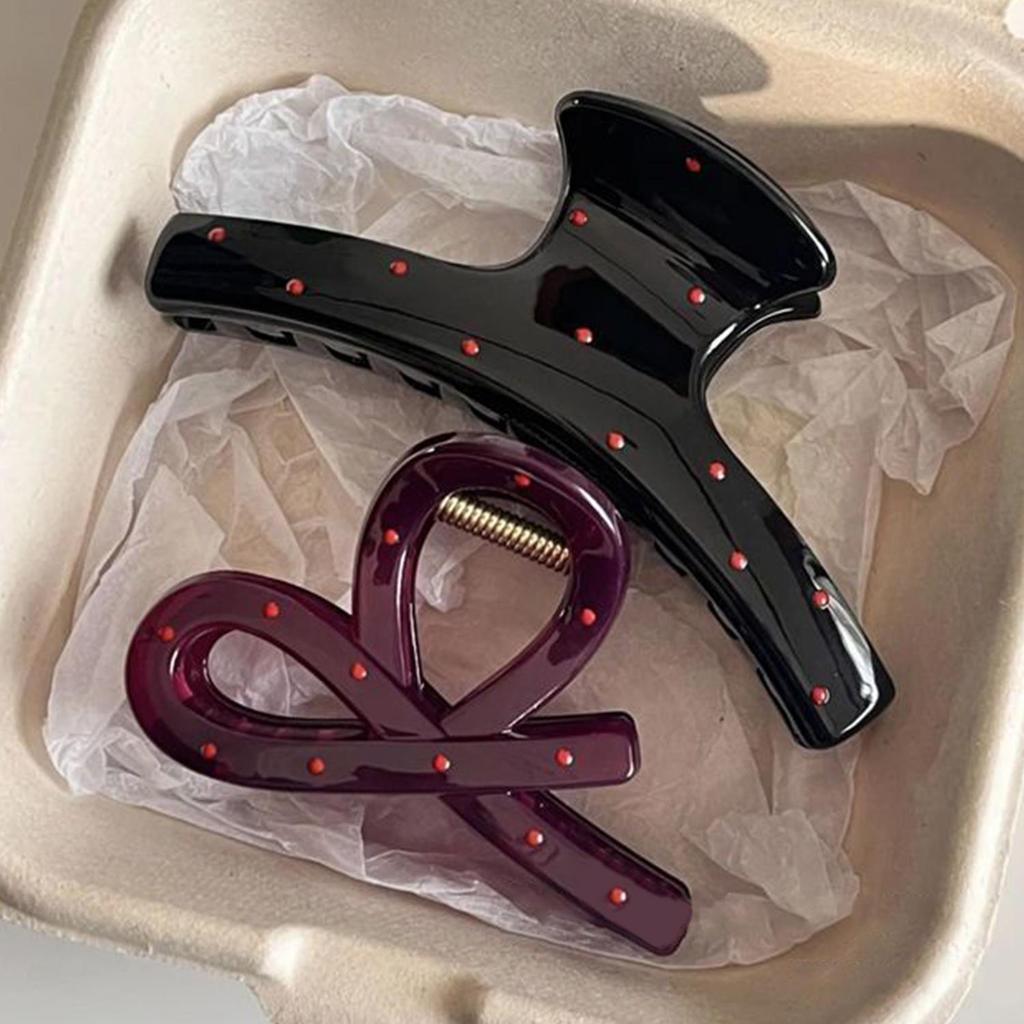 2Pcs French Style Shark Claw Clamp Hairpin Vintage Polka Dot Red Bow Hair Clip Barrette Headwear Hair Accessory For Women
