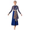 Kids Praise Dance Costume Mock Neck Long Sleeve Printed Asymmetrical Drape Hem Back Zipper Dress for Liturgical Worship Performance