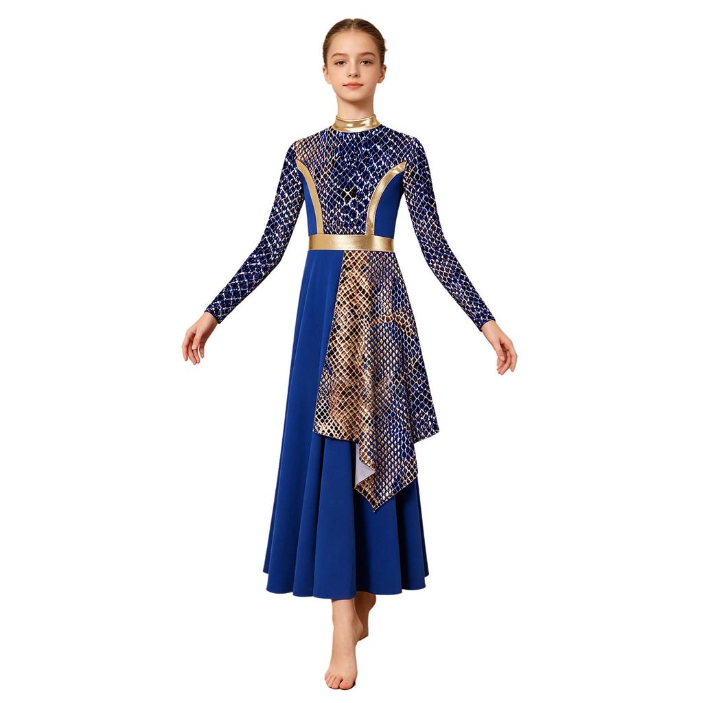 Kids Praise Dance Costume Mock Neck Long Sleeve Printed Asymmetrical Drape Hem Back Zipper Dress for Liturgical Worship Performance