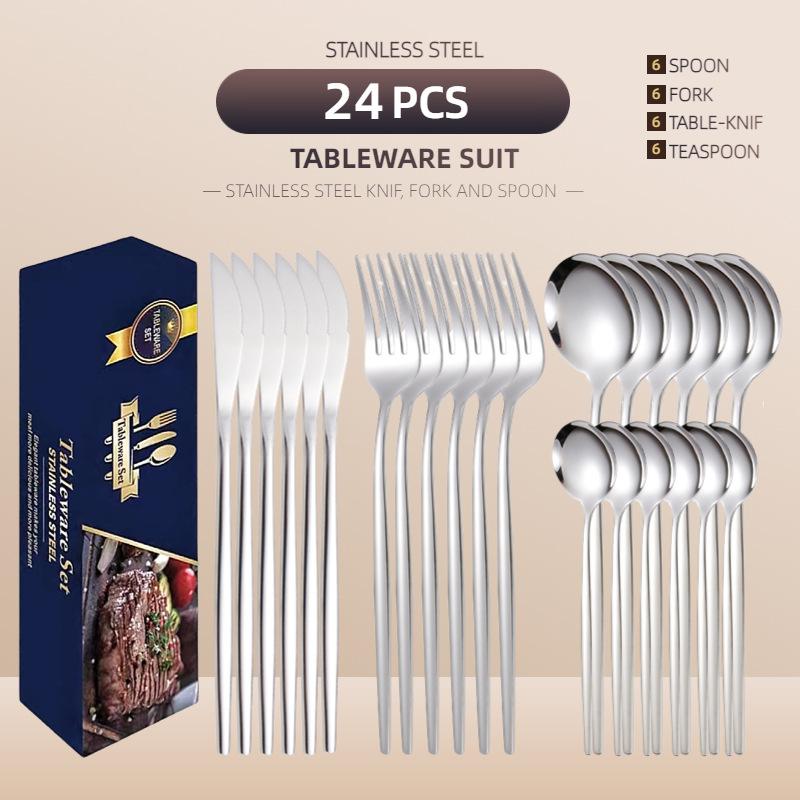 

Набор посуды из нержавеющей стали, 24 шт., посуда в стиле вестерн, черное золото, ложка, вилка, нож, серебро, золото, кухонные принадлежности для семейного отеля 24pcs/set серебряный