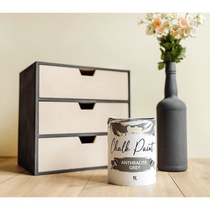 Peinture À La Craie Gris Anthracite - CREATIVE DECO - 1L - Mat Et Lavable - Peinture Bois - Chalk Paint Grise