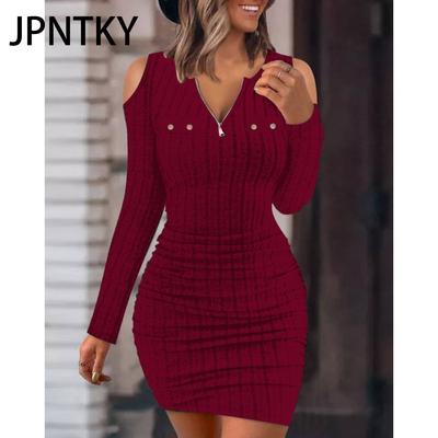 JPNTKY Rochii Casual de Toamnă Iarnă pentru Femei, Mânecă Lungă, Gât în V, Imprimeu Culoare Solidă