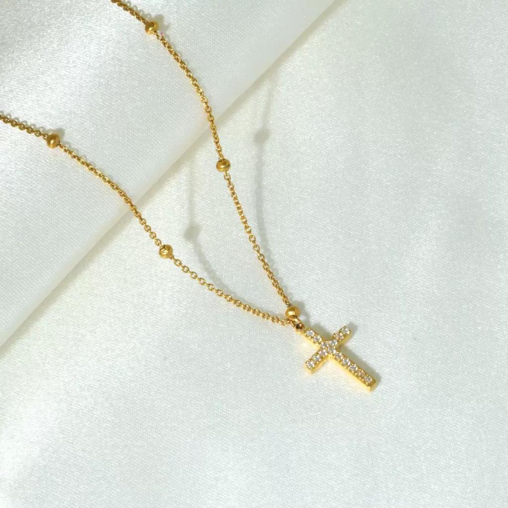 European and American High-end Cross Shape Design Necklace Set with White Diamonds Natural Pearls Hip-hop Niche Jewelry