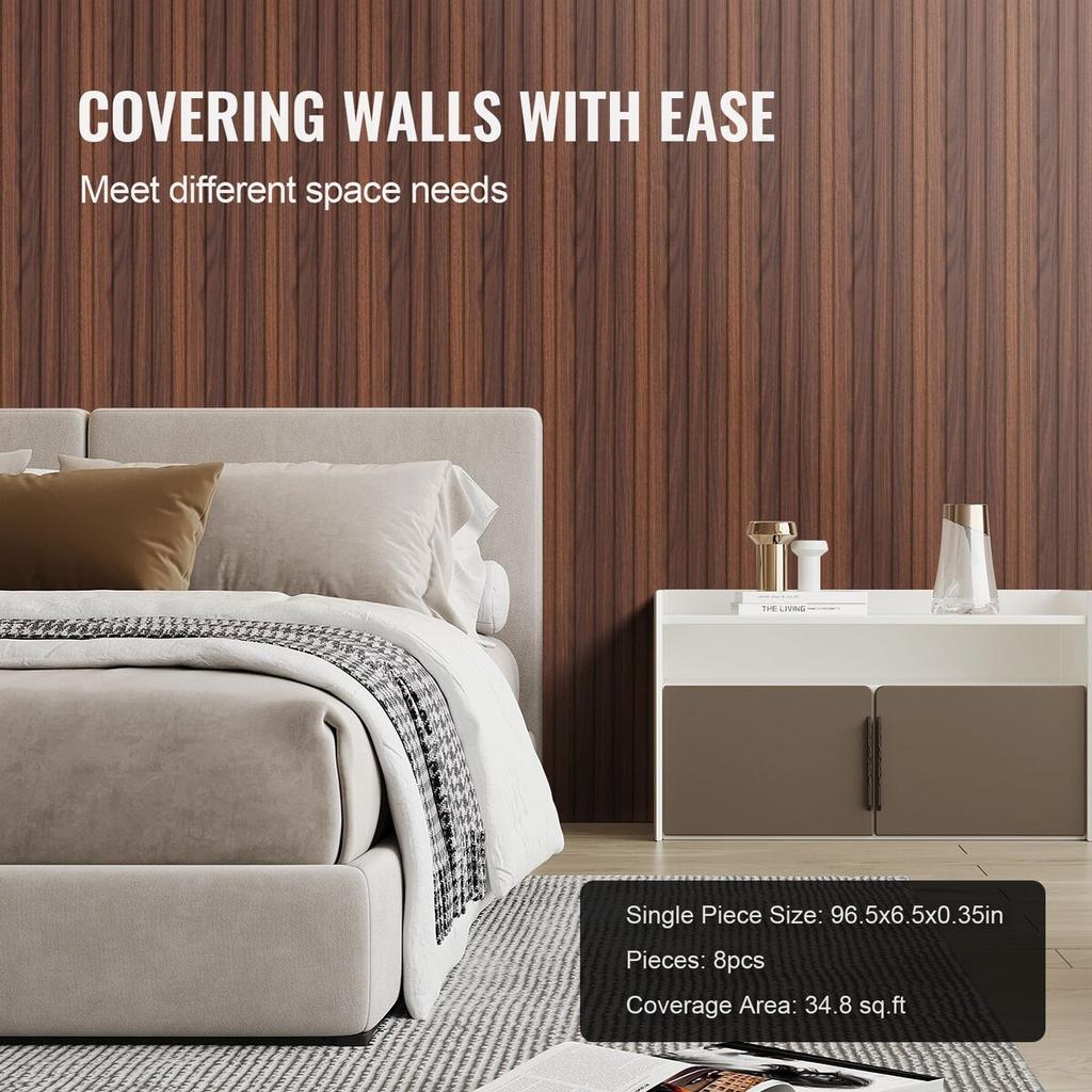 Wood Slat Acoustic Panels 8 PCS 96 x 6 inch WPC for Modern Wall Dark Teak