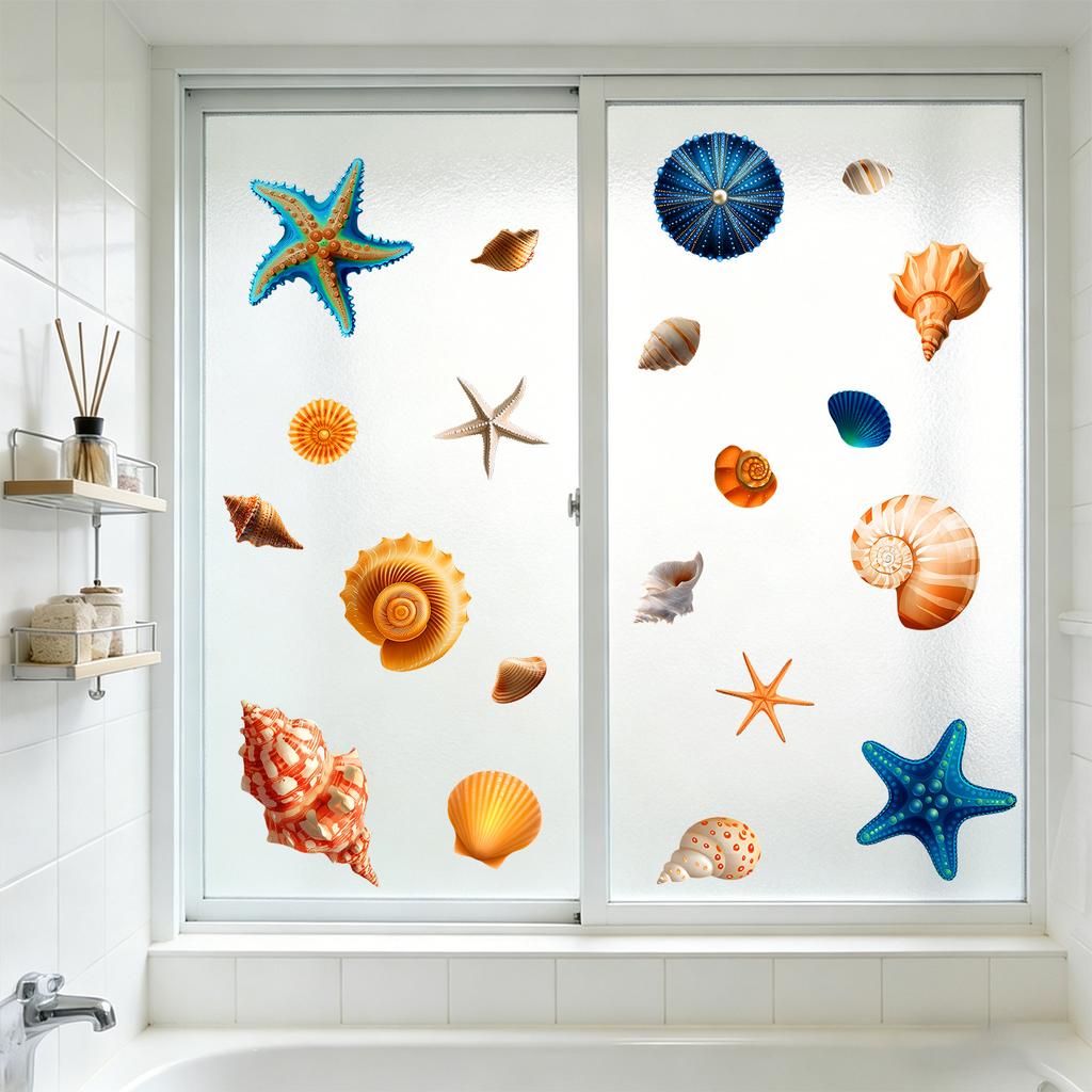 Conchas Estrellas de Mar Pegatina Estática para Ventana Sin Pegamento Autoadhesiva Para Decoración de Vidrio de Dormitorio Baño