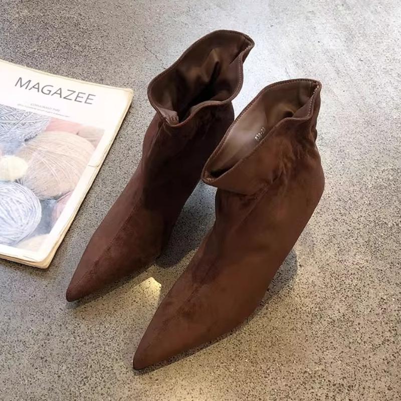 

Fashion Retro Brown Faux Suede Boots Women Fashion Pointed Toe Pleated Design Ankle Boots Comfortable Soft Leather Thin Heel Modern Boot 40 коричневый