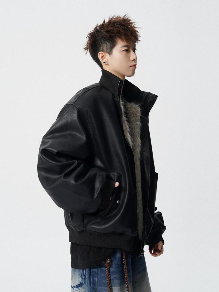 Męska Kurtka Retro ze Skóry PU: Styl Hongkoński, Jesień/Zima, Kołnierz Stojący, Luksusowy Luźny Krój