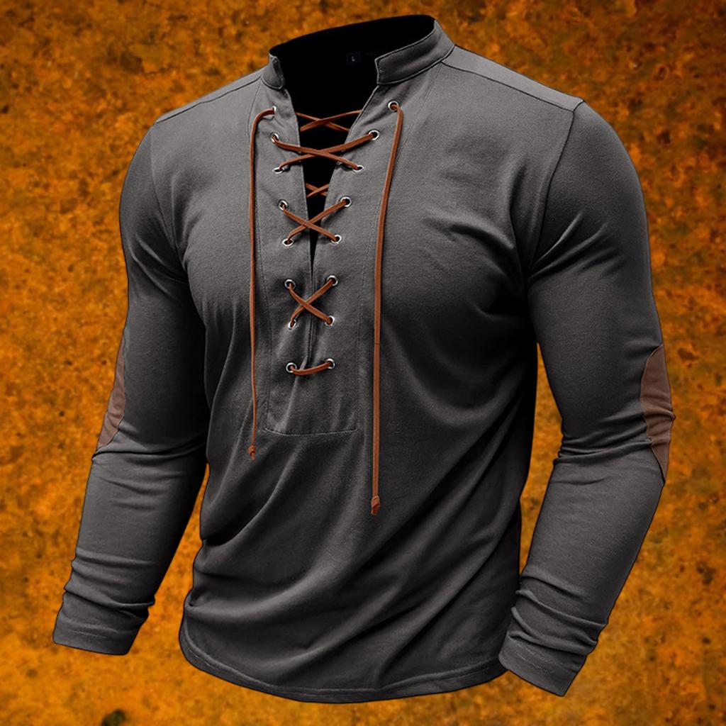 Men's Vintage Outdoor Sports Long Sleeve Top Lace-Up Stand Collar Shirt