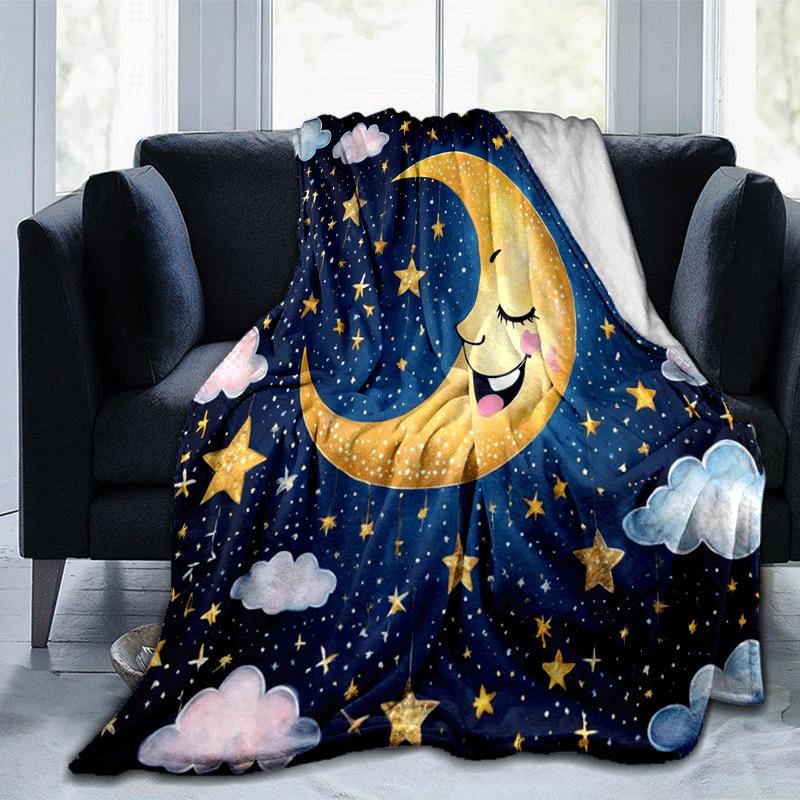 1pc Moon Printing Lightweight Flannel Blanket, Comfortable and Warm Blanket, for Camping Sofa Bed and Couch Office, Gift