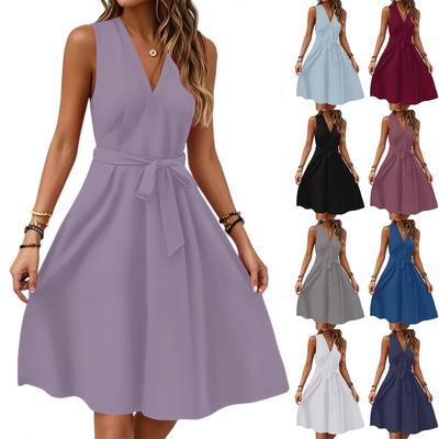 Dames Lente En Zomer Casual V-Hals Mouwloos Taille Verloop Bedrukt Midi Jurk