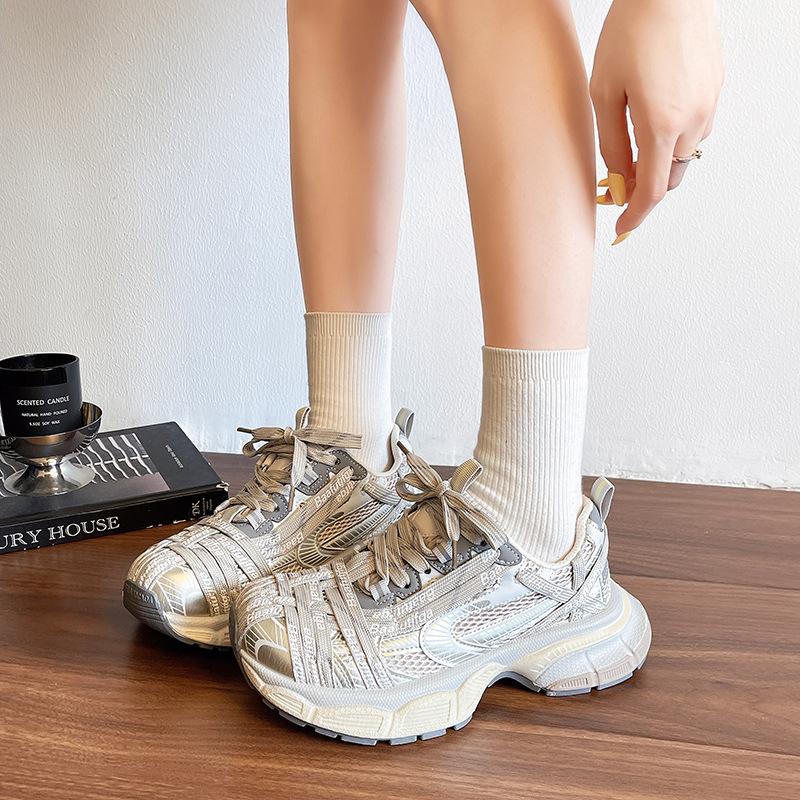 Paris Dad Shoes Children's Leather Mesh Breathable Sports Women's Shoes 2025 Autumn New Thick-soled Heightening Casual Shoes