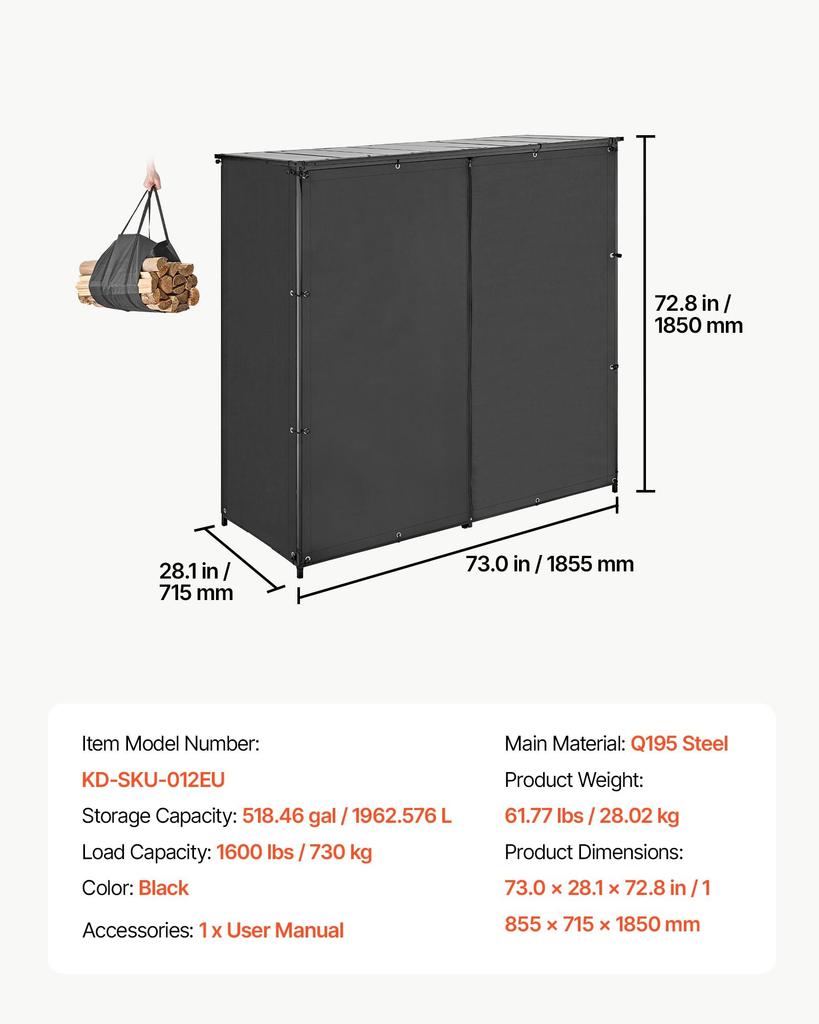 VEVOR Firewood Rack with Waterproof Cover 1855 mm Outdoor Wood Storage, for Fireplace Patio Deck, 730 kg Load