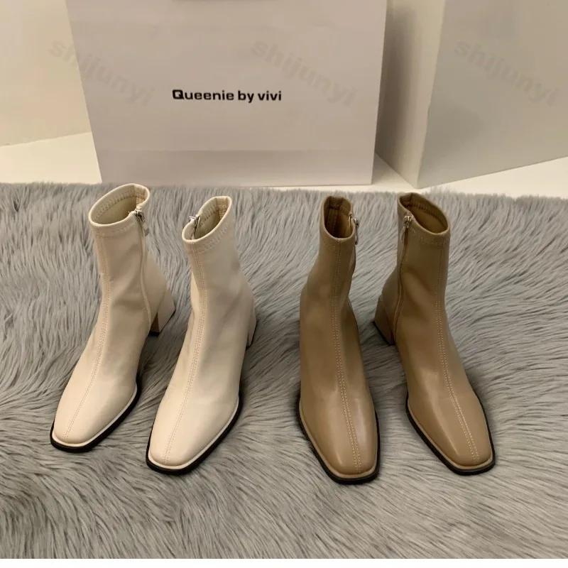 Short boots for women  new spring and autumn single boots round toe raised waterproof platform bare boots for women