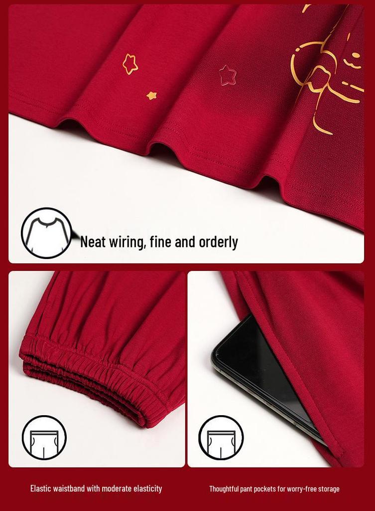Wine Red Pure Cotton Long Sleeve Pajama Set for Newlywed Couples - Spring & Autumn Festive Homewear