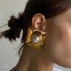 Retro European-American Gold & Pearl Square Earrings: Vintage, Niche, High-End Style for Women.