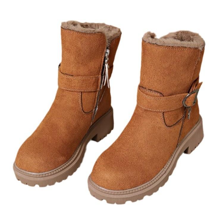 Winter Velvet Cotton Boots Women's Thick Sole Thick Heel Side Zipper Fashion Belt Buckle Short Snow Boots Women