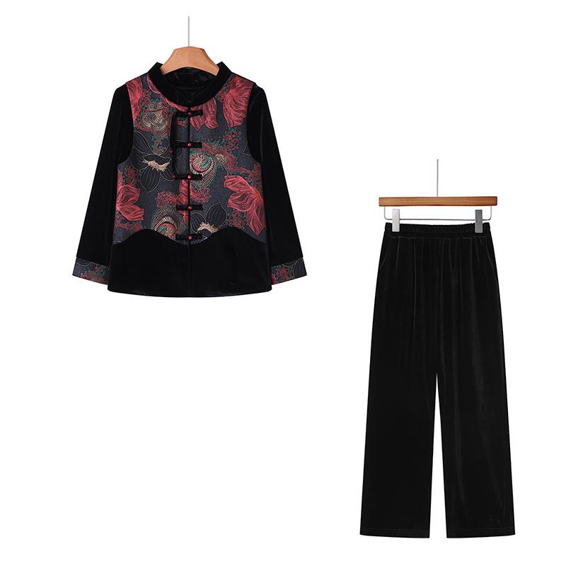 Women's Golden Velvet Vest & Suit: Middle-Aged/Elderly Spring Three-Piece Set - Chinese National Style