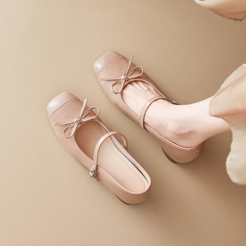 Fashion 2025 New Fashion Inside Heightened Bow Mary Jane Shoes Women's Square-Toe Shallow-Mouth Leather Summer Single Shoes