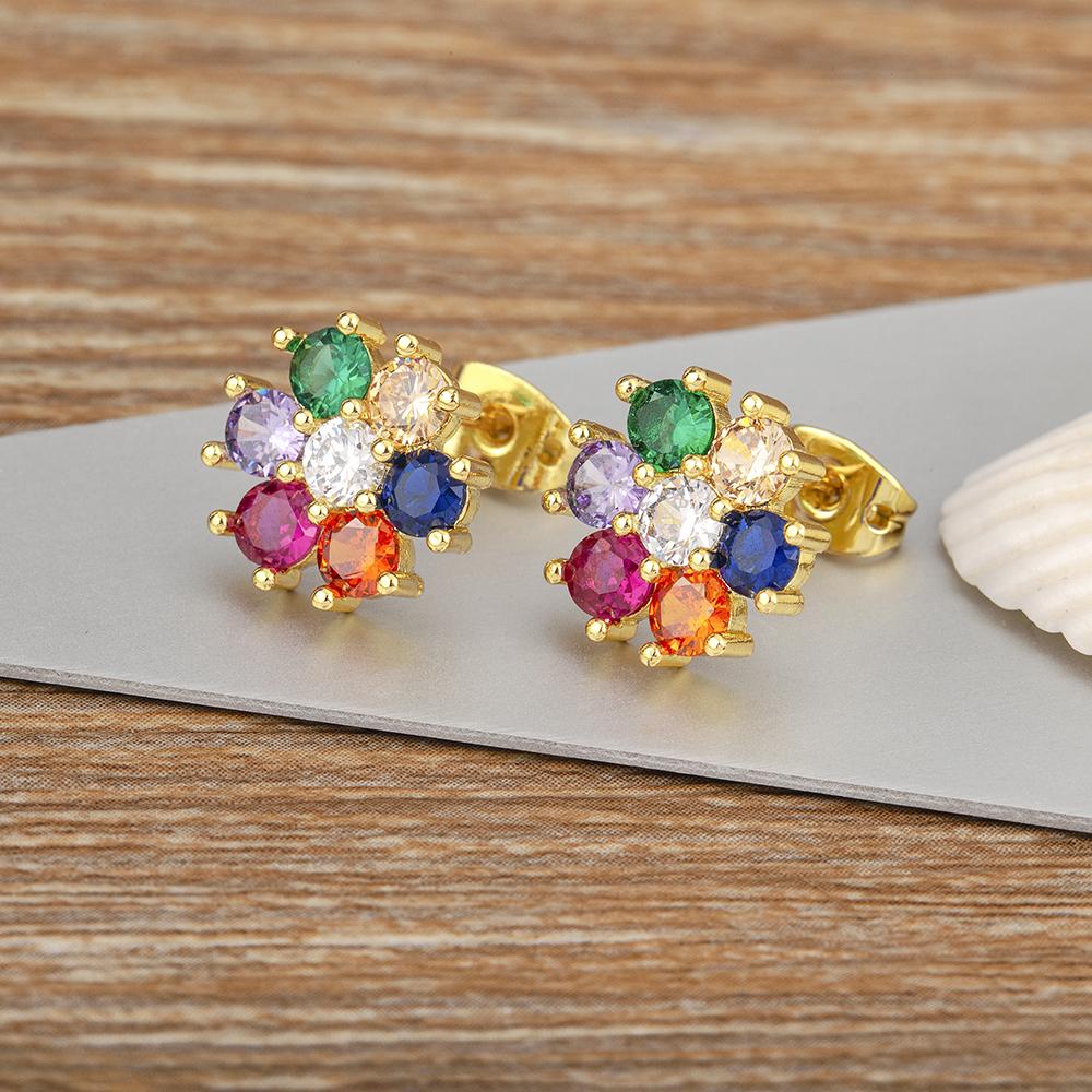Nidin Hot Sale Flower Shape Inlaid Colorful Zircon Charm Earrings For Women Vintage Style Engagement Wedding Party Jewelry Gifts